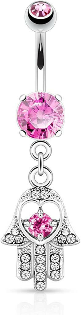 Surgical Steel Hamsa with Colored CZ and Gem Paved Dangle Belly Navel Ring Navel Ring Impulse Piercings Pink