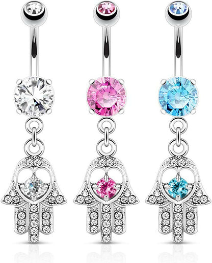 Surgical Steel Hamsa with Colored CZ and Gem Paved Dangle Belly Navel Ring Navel Ring Impulse Piercings