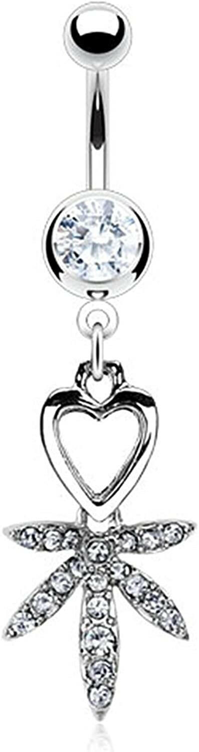 Surgical Steel Heart and Gem Pave Pot Leaf Dangle Belly Navel Ring Navel Ring Impulse Piercings Clear