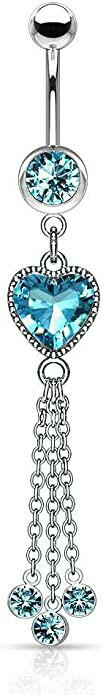 Surgical Steel Heart CZ and Chains with CZ Dangle Belly Navel Ring Navel Ring Impulse Piercings Aqua