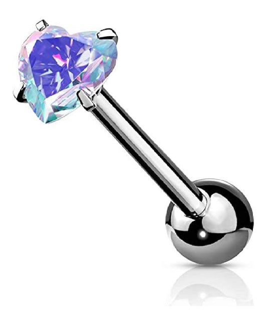 Surgical Steel Heart CZ Barbell Tongue Rings Tongue Rings Impulse Piercings Aurora Borealis