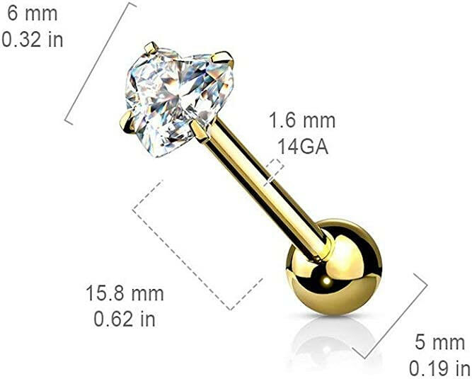 Surgical Steel Heart CZ Barbell Tongue Rings Tongue Rings Impulse Piercings