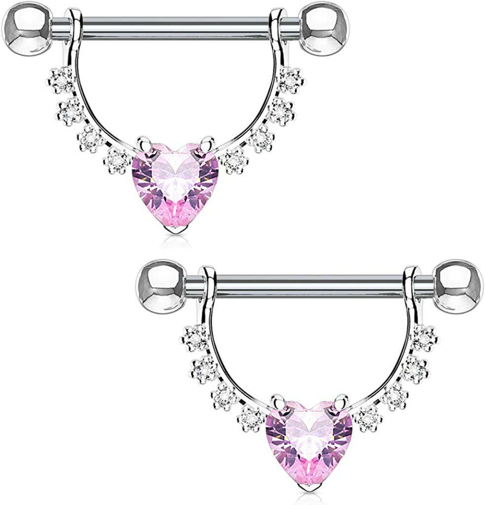 Surgical Steel Heart CZ Center with Lined CZs Dangle Nipple Shield Rings Nipple Ring Impulse Piercings Pink