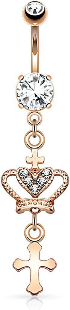 Surgical Steel Heart CZ Crown with Cross Dangle Belly Navel Ring Navel Ring Impulse Piercings Rose Gold