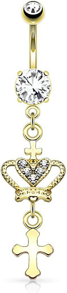 Surgical Steel Heart CZ Crown with Cross Dangle Belly Navel Ring Navel Ring Impulse Piercings Gold