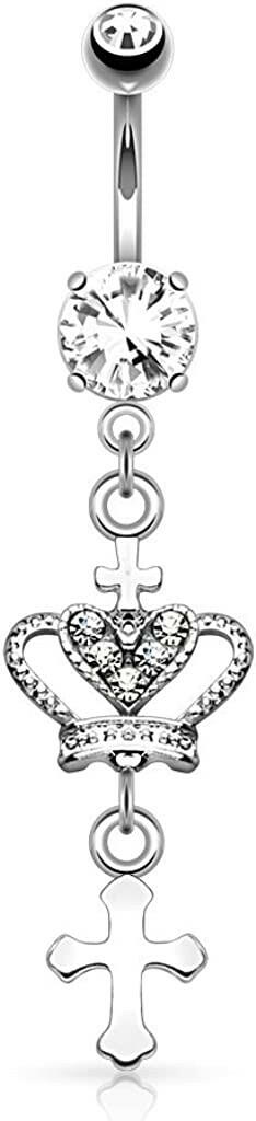 Surgical Steel Heart CZ Crown with Cross Dangle Belly Navel Ring Navel Ring Impulse Piercings Clear