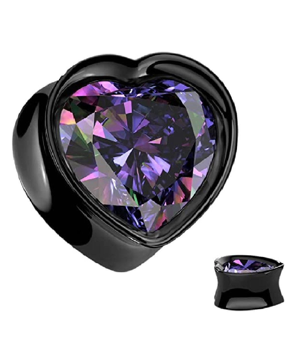 Surgical Steel Heart CZ Double Flared Tunnel Plugs Impulse Piercings 0GA (8mm) Black