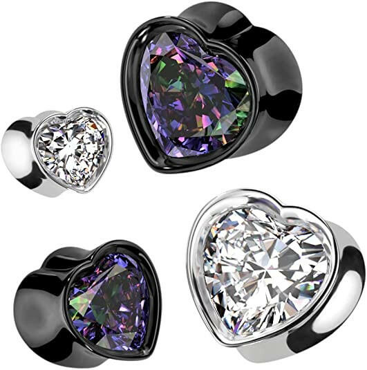 Surgical Steel Heart CZ Double Flared Tunnel Plugs Impulse Piercings