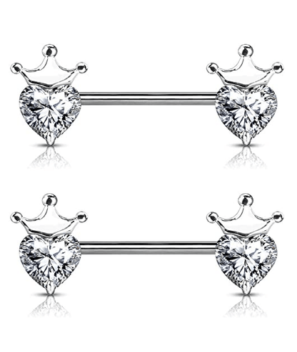 Surgical Steel Heart CZ with Crown Nipple Barbell Rings Nipple Ring Impulse Piercings Clear