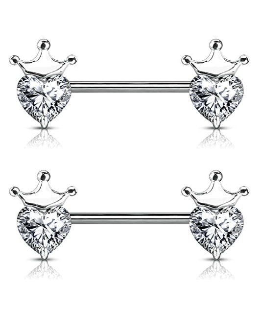 Surgical Steel Heart CZ with Crown Nipple Barbell Rings Nipple Ring Impulse Piercings Clear