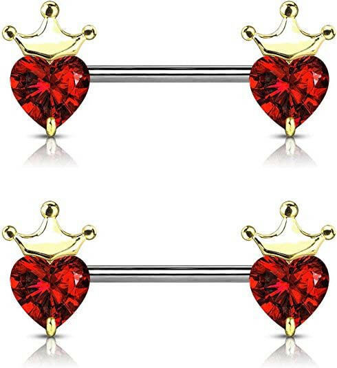 Surgical Steel Heart CZ with Crown Nipple Barbell Rings Nipple Ring Impulse Piercings Gold