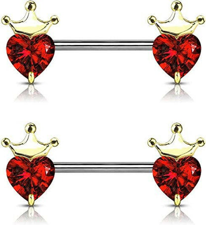 Surgical Steel Heart CZ with Crown Nipple Barbell Rings Nipple Ring Impulse Piercings Gold