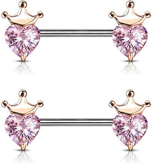 Surgical Steel Heart CZ with Crown Nipple Barbell Rings Nipple Ring Impulse Piercings Rose Gold