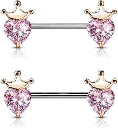 Surgical Steel Heart CZ with Crown Nipple Barbell Rings Nipple Ring Impulse Piercings Rose Gold