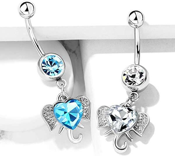 Surgical Steel Heart CZ With Elephant Dangle Belly Navel Ring Navel Ring Impulse Piercings