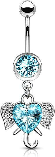 Surgical Steel Heart CZ With Elephant Dangle Belly Navel Ring Navel Ring Impulse Piercings Aqua