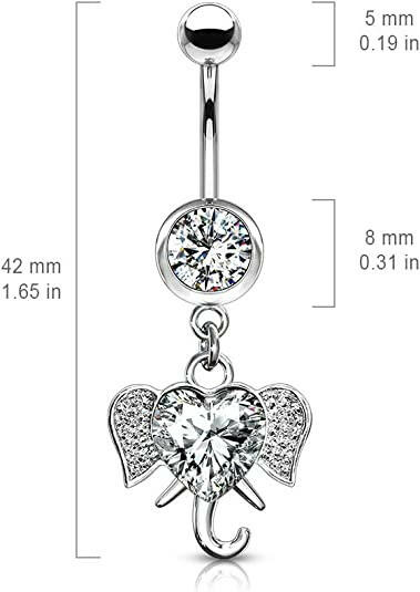 Surgical Steel Heart CZ With Elephant Dangle Belly Navel Ring Navel Ring Impulse Piercings