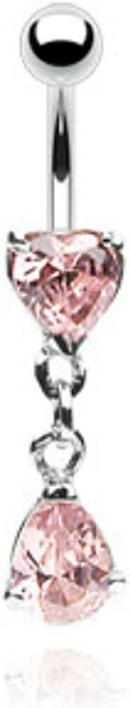 Surgical Steel Heart CZ with Pear CZ Dangle Belly Navel Ring Navel Ring Impulse Piercings Pink