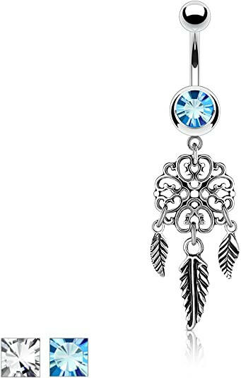 Surgical Steel Heart Filigree Dream Catcher Dangle with Jeweled Ball Belly Navel Ring Navel Ring Impulse Piercings Aqua