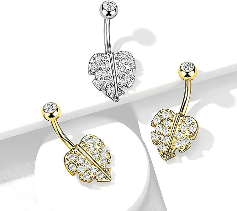 Surgical Steel Heart Leaf with Gem Paved Belly Navel Ring Navel Ring Impulse Piercings