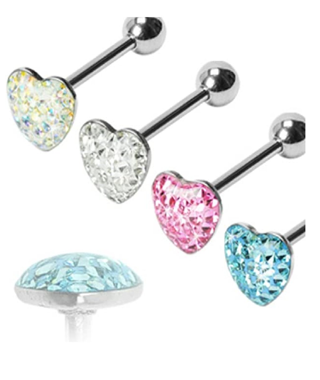 Surgical Steel Heart Paved-Crystal on Clear Epoxy Barbells Tongue Rings Impulse Piercings Aurora Borealis