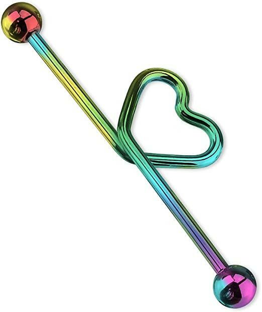 Surgical Steel Heart shape in the middle Titanium IP Industrial Barbell Industrial Barbell Impulse Piercings Rainbow