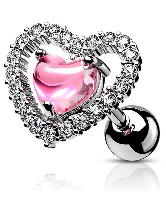 Surgical Steel Heart Shaped Micro CZ and Pink Center CZ Cartilage Barbell Studs Cartilage Earring Impulse Piercings Steel