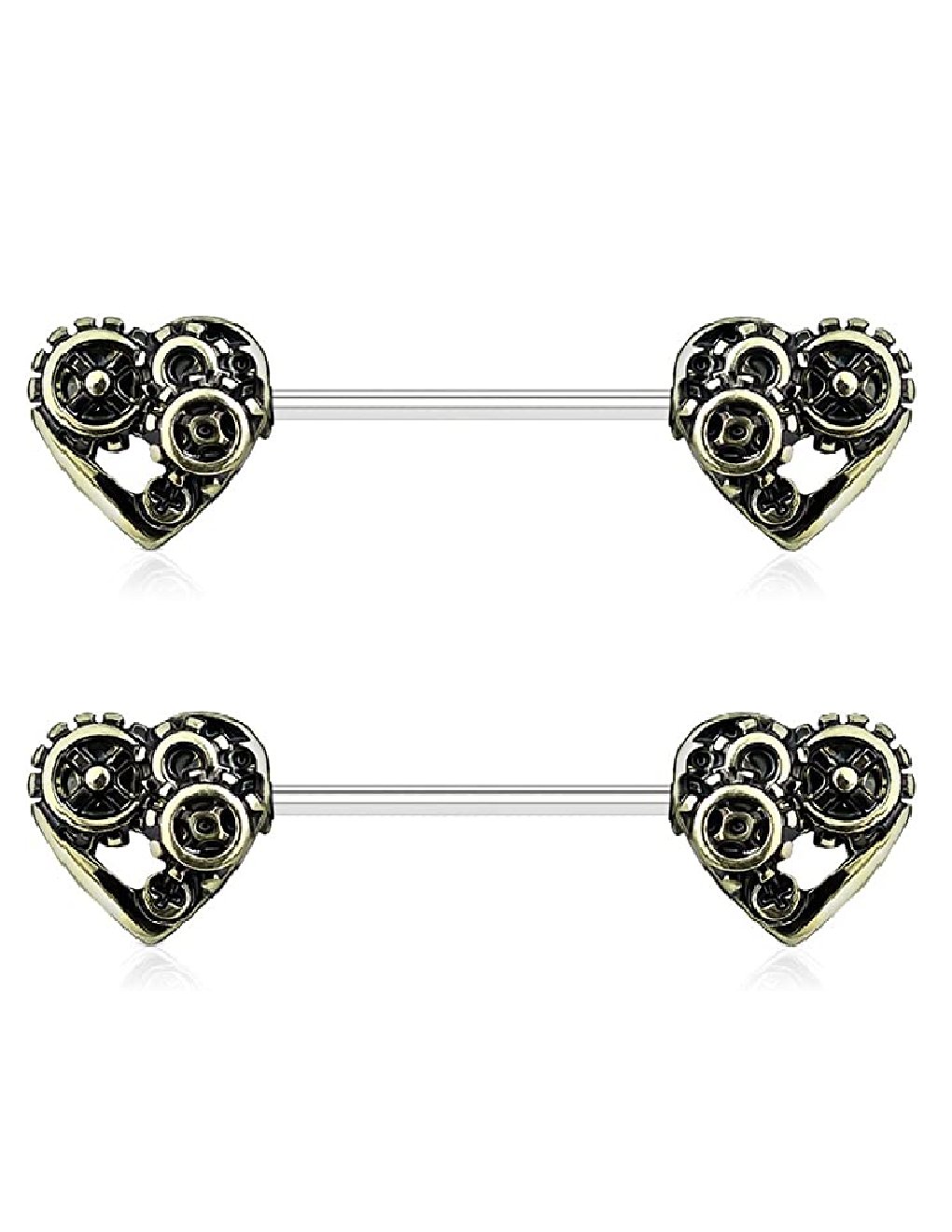 Surgical Steel Heart Steampunk Nipple Barbell Rings Nipple Ring Impulse Piercings Gold