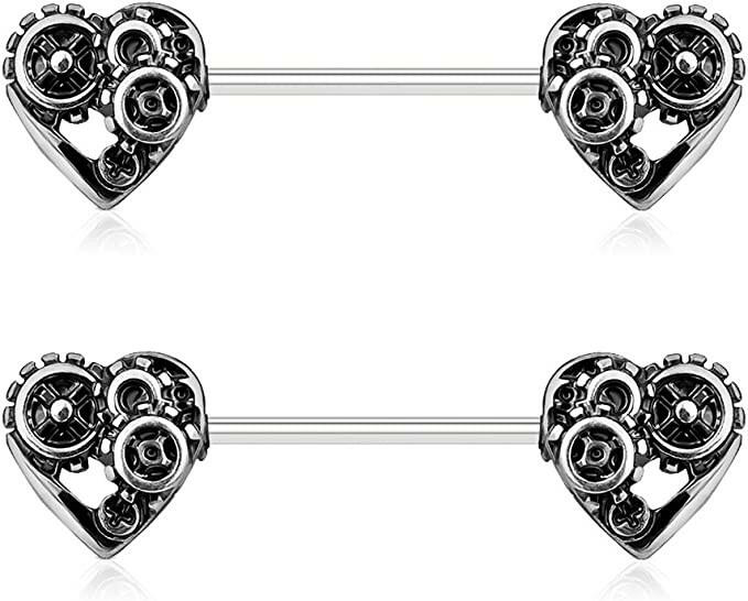 Surgical Steel Heart Steampunk Nipple Barbell Rings Nipple Ring Impulse Piercings Silver