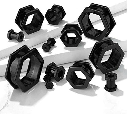 Surgical Steel Hexa Black Screw Fit Flesh Tunnels Plugs Impulse Piercings