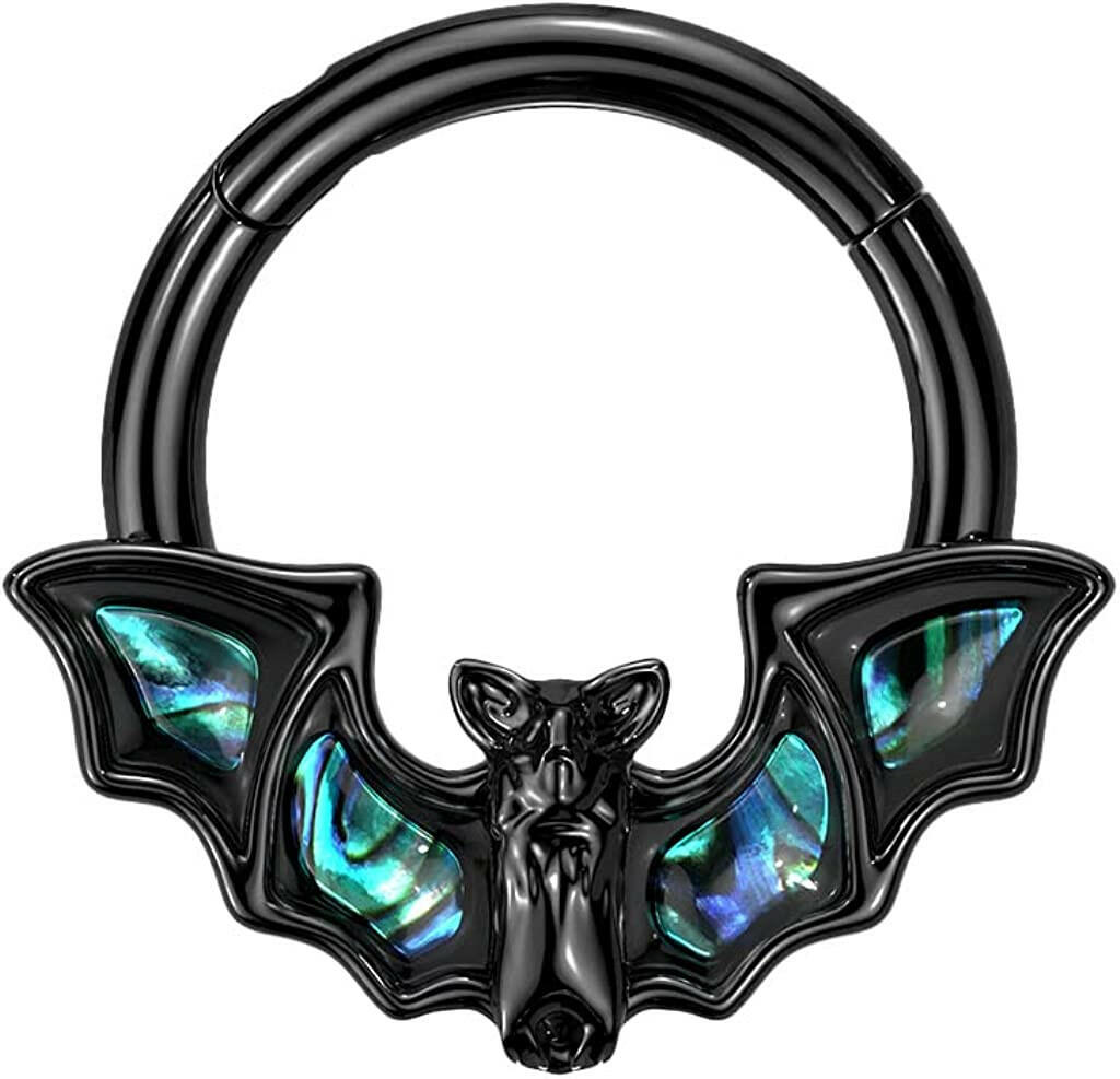 Surgical Steel Hinged Segment Ring with Bat and Abalone Shell Wings Cartilage Impulse Piercings Black