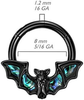 Surgical Steel Hinged Segment Ring with Bat and Abalone Shell Wings Cartilage Impulse Piercings