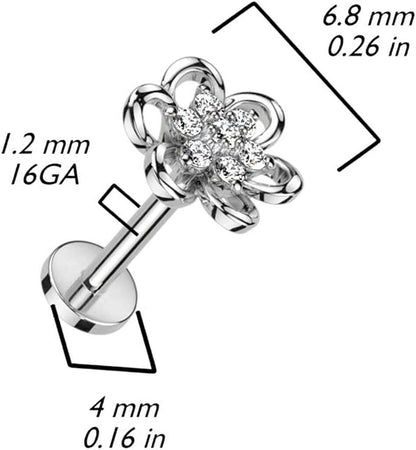 Surgical Steel Hollow Flower With CZ Center Labret Flat Back Stud Labret Impulse Piercings