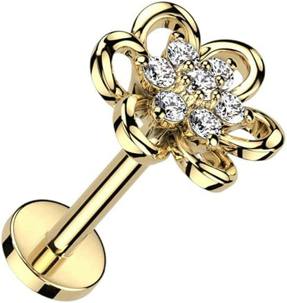 Surgical Steel Hollow Flower With CZ Center Labret Flat Back Stud Labret Impulse Piercings 16GA Length: 6mm Gold