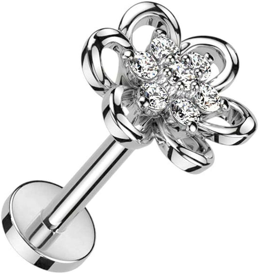 Surgical Steel Hollow Flower With CZ Center Labret Flat Back Stud Labret Impulse Piercings 16GA Length: 6mm Clear