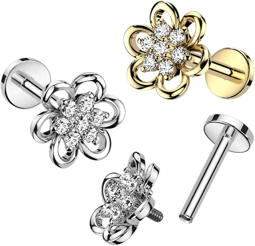 Surgical Steel Hollow Flower With CZ Center Labret Flat Back Stud Labret Impulse Piercings