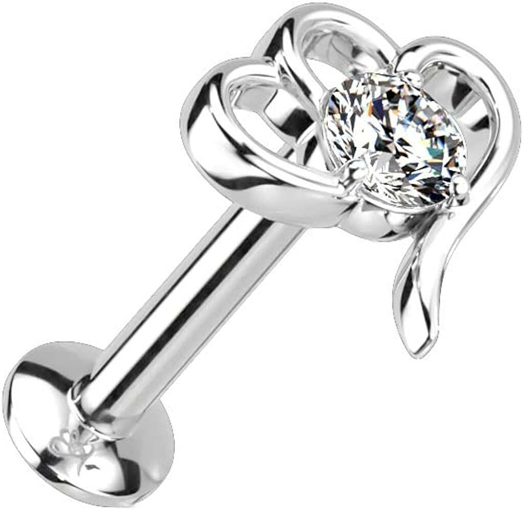 Surgical Steel Hollow Heart With CZ Center Threadless Push In Top Labret Convex Back Stud Labret Impulse Piercings 16GA Length: 6mm Clear