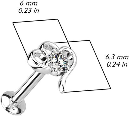 Surgical Steel Hollow Heart With CZ Center Threadless Push In Top Labret Convex Back Stud Labret Impulse Piercings