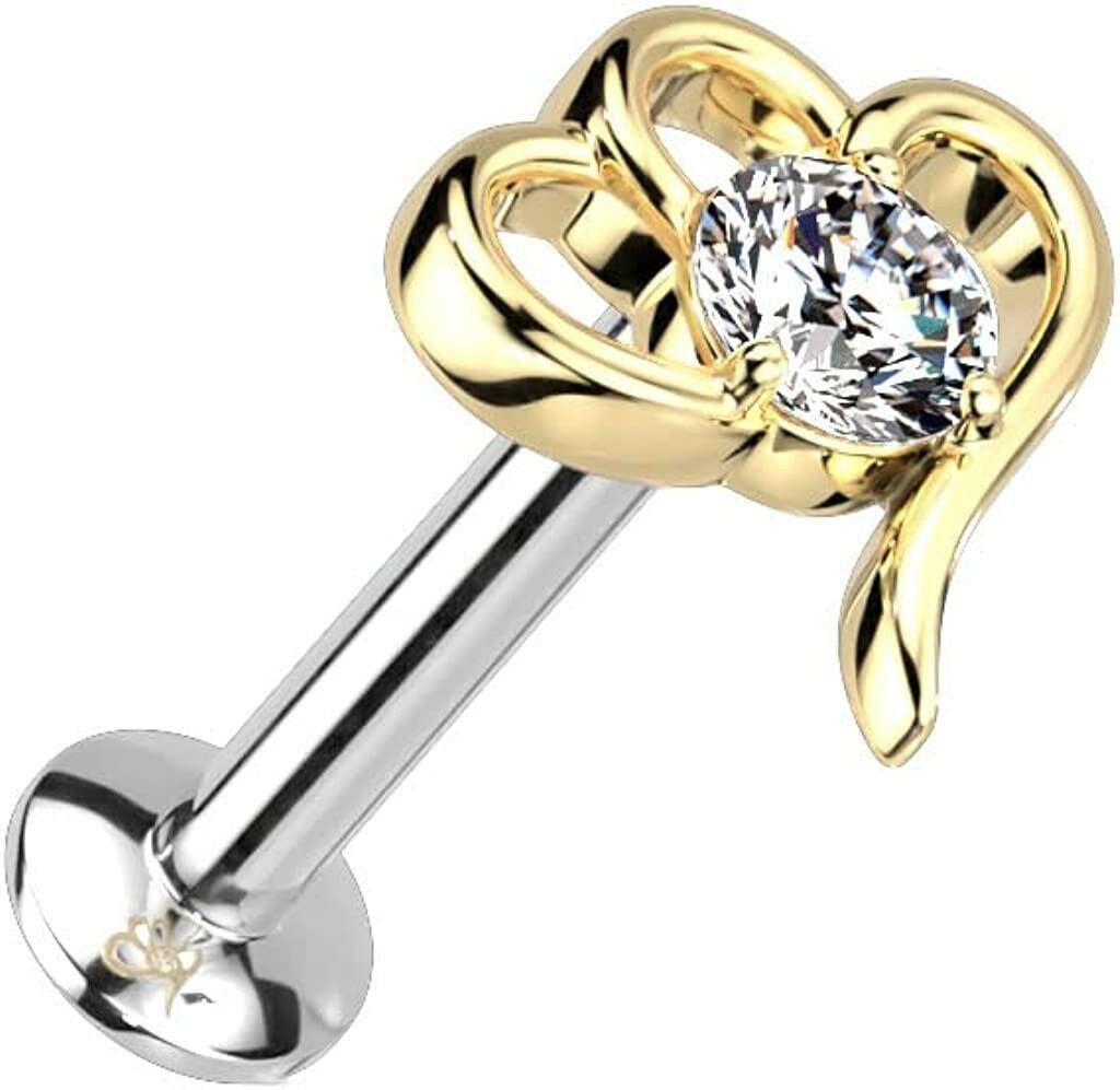 Surgical Steel Hollow Heart With CZ Center Threadless Push In Top Labret Convex Back Stud Labret Impulse Piercings 16GA Length: 6mm Gold