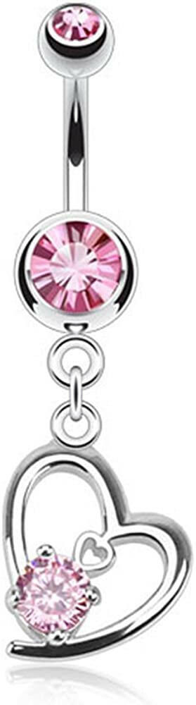 Surgical Steel Hollow Heart with Prong CZ Dangle Belly Navel Ring Navel Ring Impulse Piercings Pink