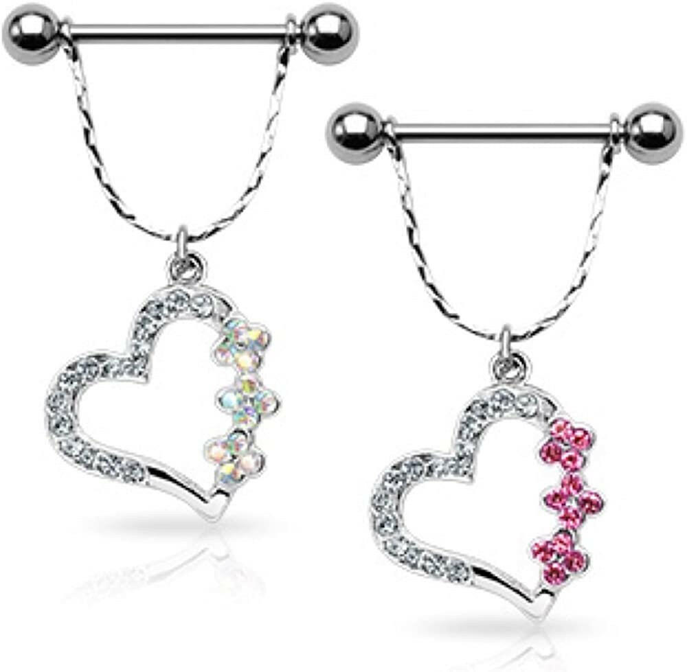 Surgical Steel Hollow Pave Gemmed Heart and Flowers Nipple Shield Rings Nipple Ring Impulse Piercings Aurora Borealis