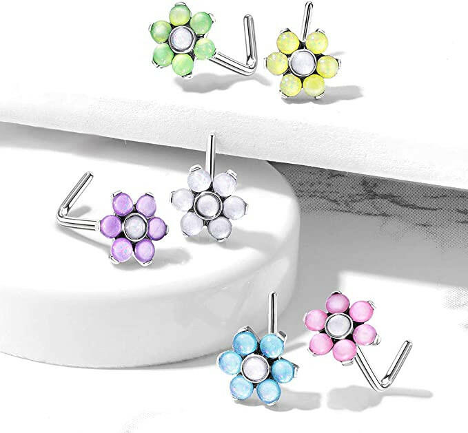 Surgical Steel Illuminating Stone Flower Top All L Bend Nose Rings Nose Ring Impulse Piercings