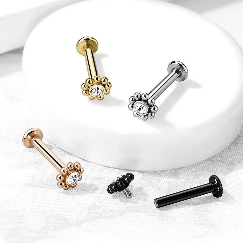 Surgical Steel Internal Thread Steel Balls Around Gem Ball Top Flat Back Studs for Labret Monroe Ear Cartilage Labret Impulse Piercings