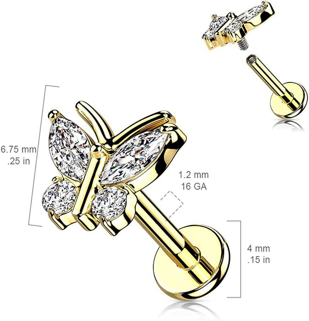 Surgical Steel Internally CZ Butterfly Top Flat Back Stud for Labret Monroe Cartilage Labret Impulse Piercings