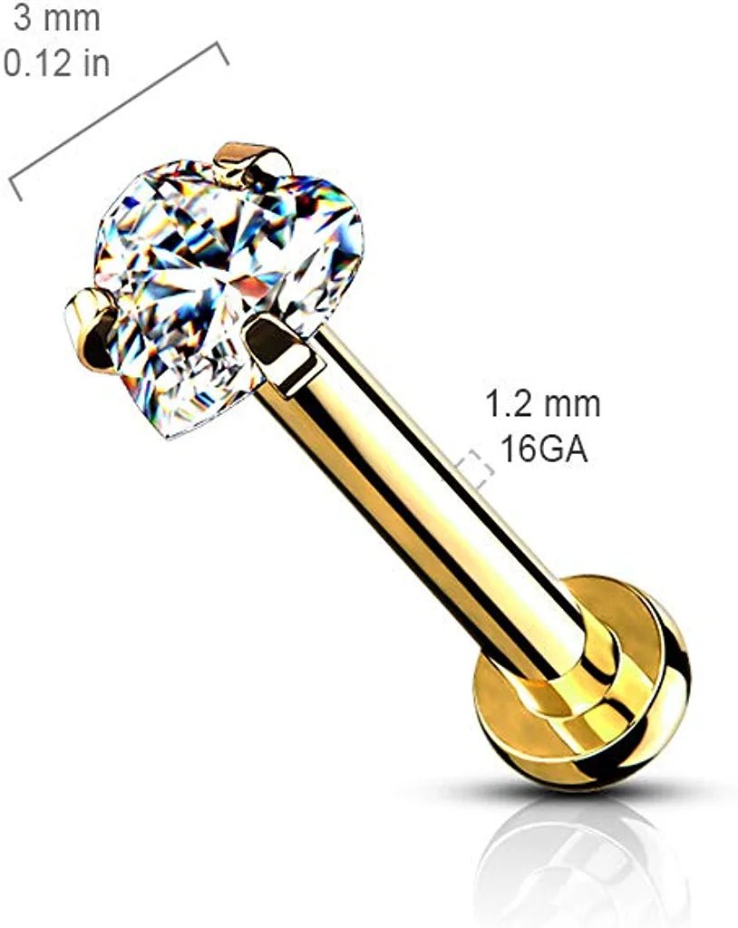 Surgical Steel Internally Heart CZ Micro Base Labret Flat Back Studs For Lip Chin and Nose Labret Impulse Piercings