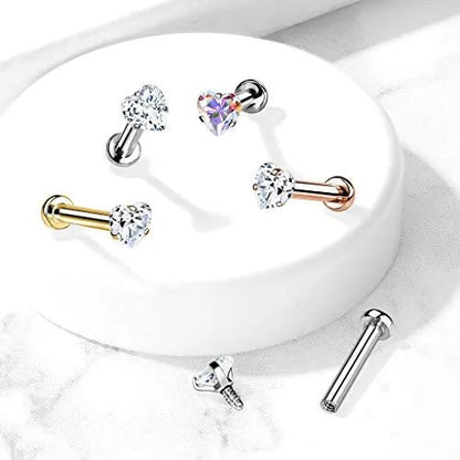 Surgical Steel Internally Heart CZ Micro Base Labret Flat Back Studs For Lip Chin and Nose Labret Impulse Piercings