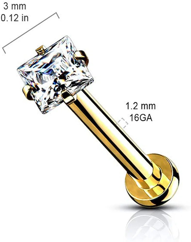 Surgical Steel Internally Square CZ Micro Base Labret Flat Back Studs For Lip Chin and Nose Labret Impulse Piercings