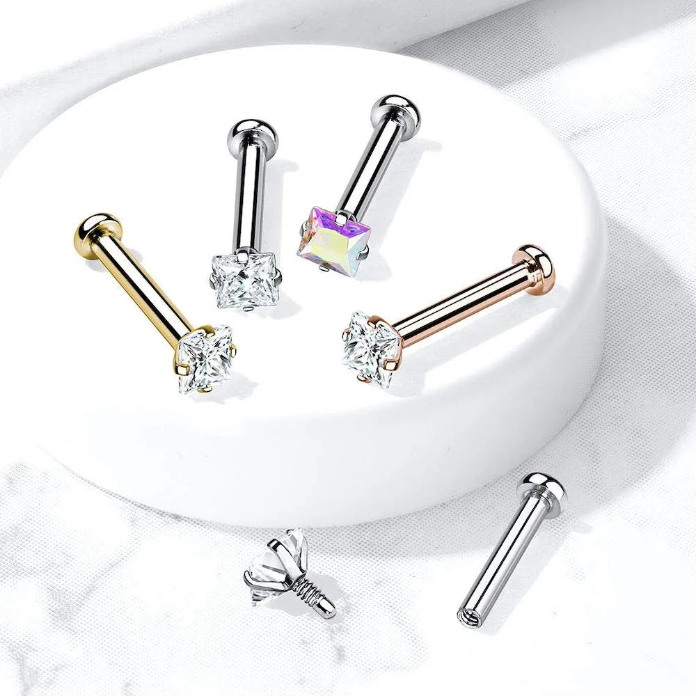 Surgical Steel Internally Square CZ Micro Base Labret Flat Back Studs For Lip Chin and Nose Labret Impulse Piercings