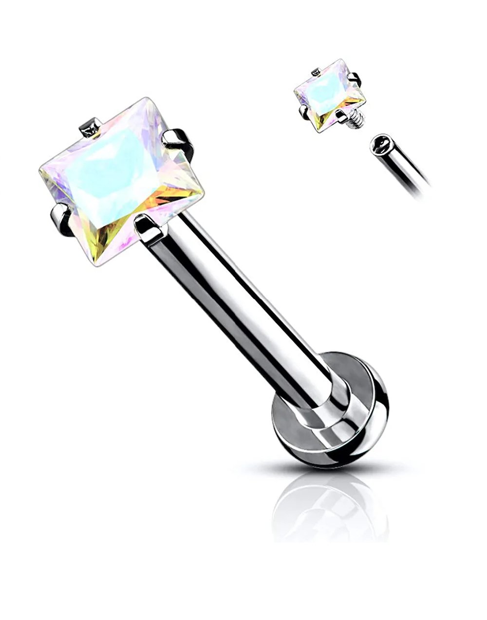 Surgical Steel Internally Square CZ Micro Base Labret Flat Back Studs For Lip Chin and Nose Labret Impulse Piercings 16GA Length: 6mm Aurora Borealis