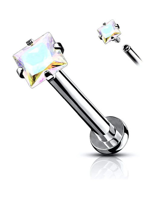 Surgical Steel Internally Square CZ Micro Base Labret Flat Back Studs For Lip Chin and Nose Labret Impulse Piercings 16GA Length: 6mm Aurora Borealis